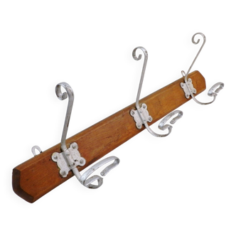 Antique coat and hat rack with 3 hooks in wood and metal, French farmhouse entryway wardrobe, bathroom accessory, France