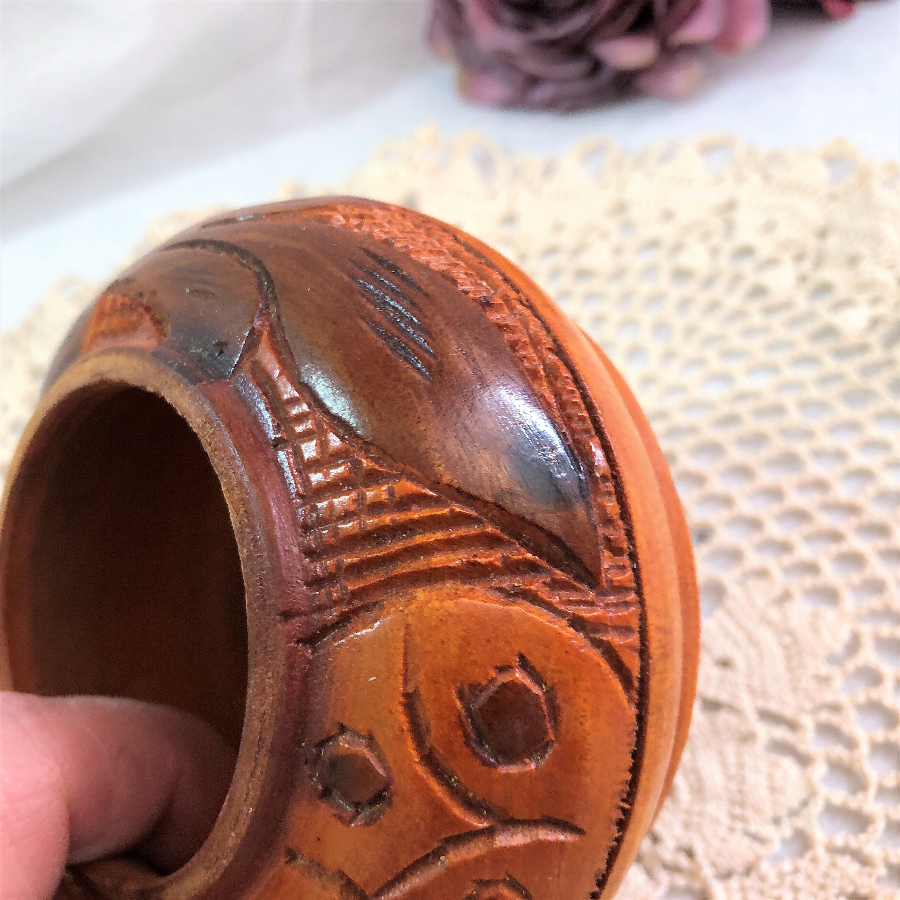 Handmade wooden box brown copper polychrome vintage