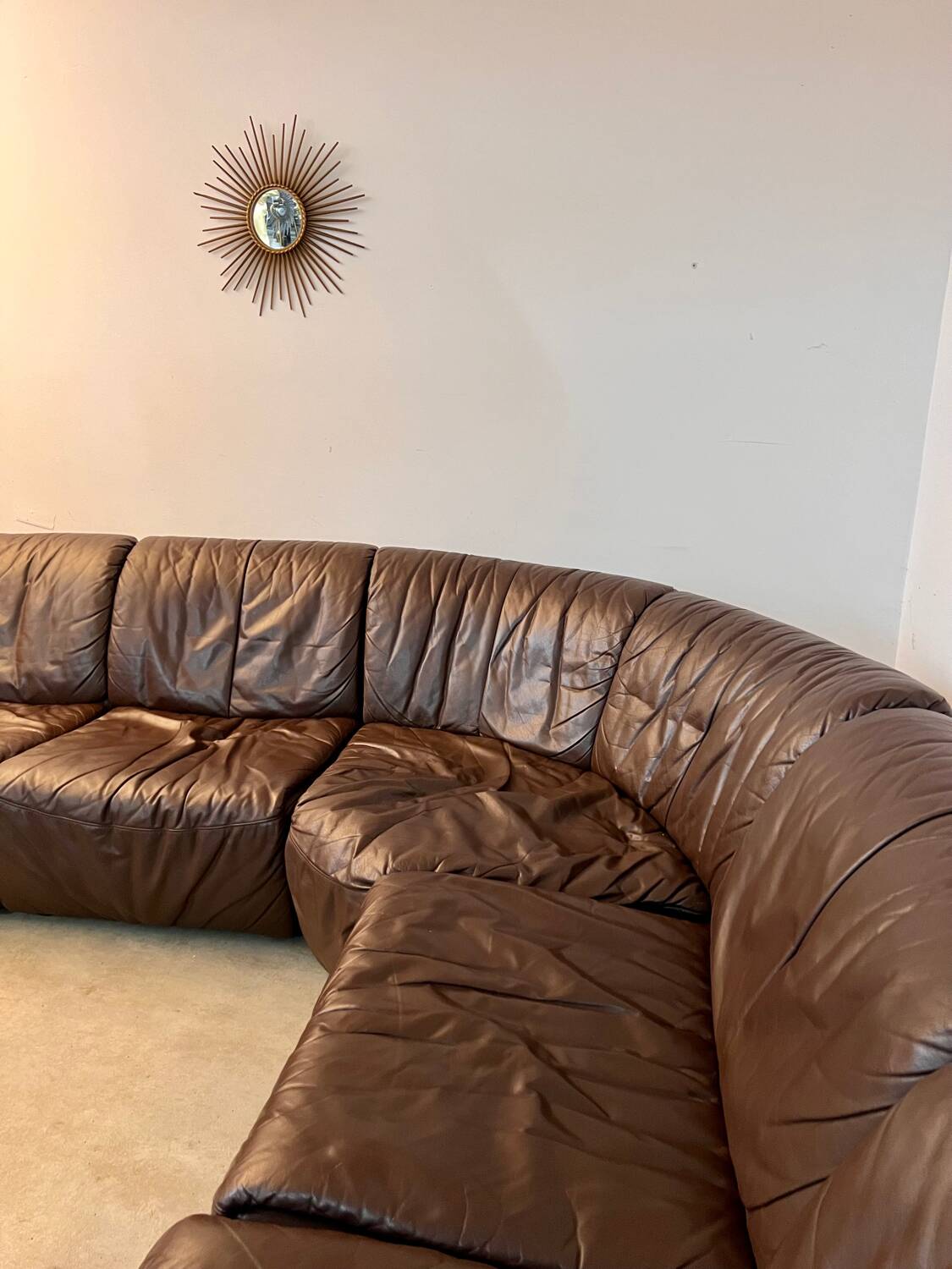 Large modular sofa with brown leather armchair 80s design dreipunkt vintage sofa