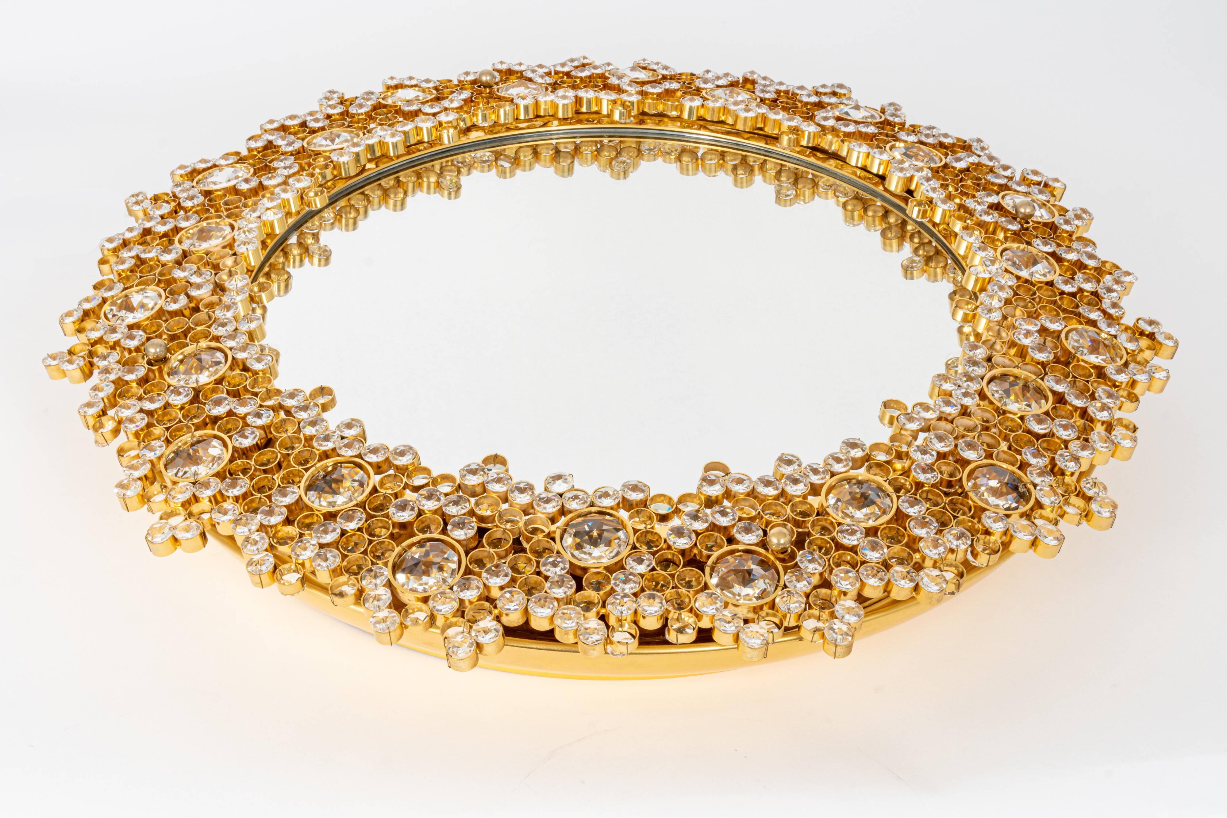 Spectacular backlit mirror in gilded brass and crystal glass by Palwa, Germany.