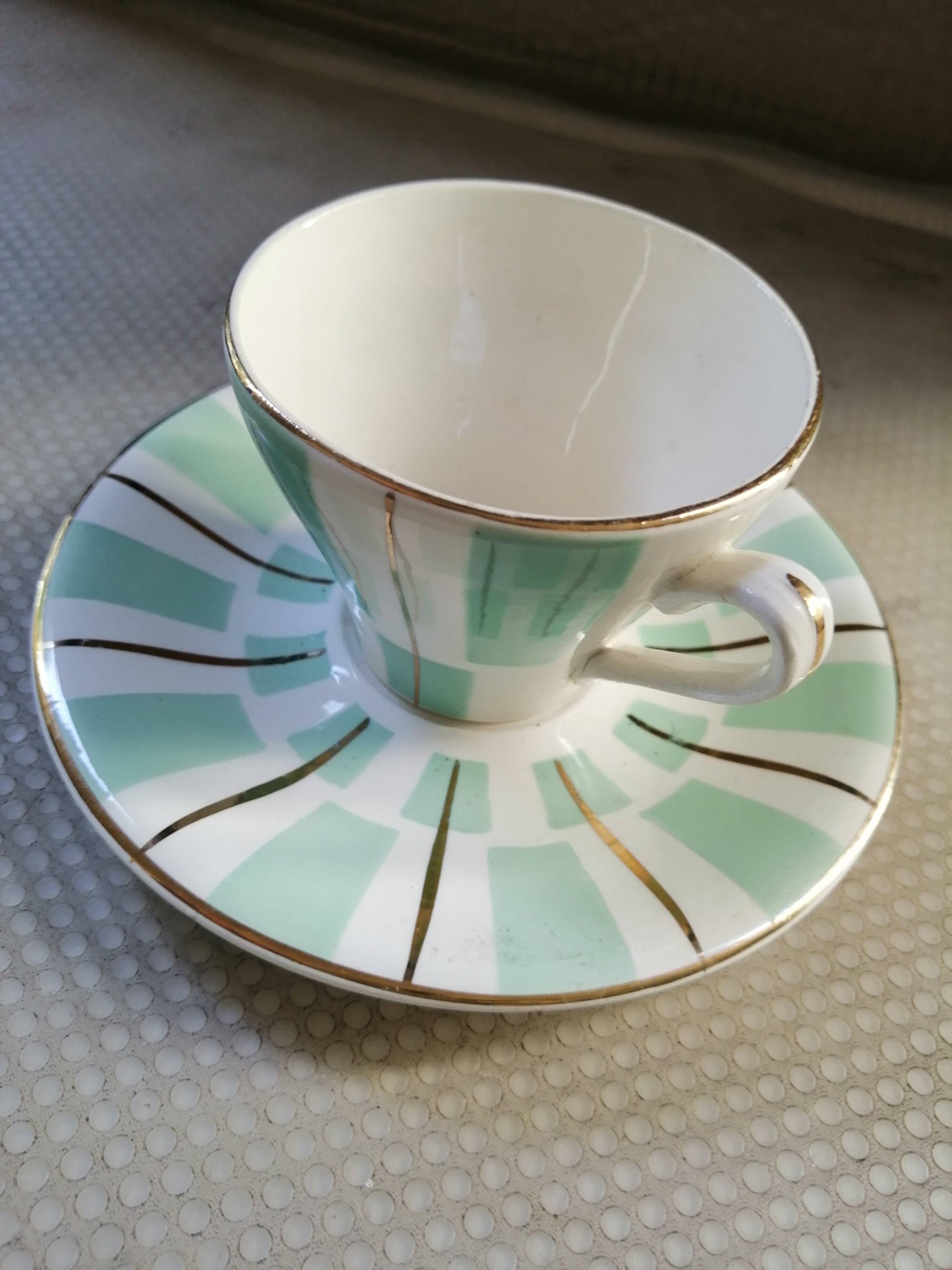 Digoin cup and saucer in green-striped Sarguemines