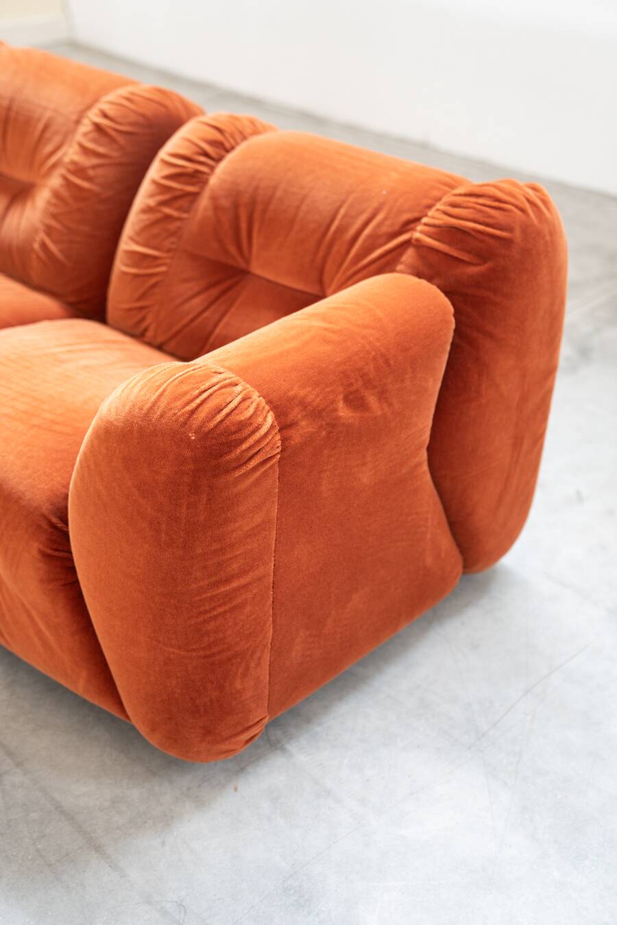 Orange chenille sofas, two and three seats, set of 2, 1970s
