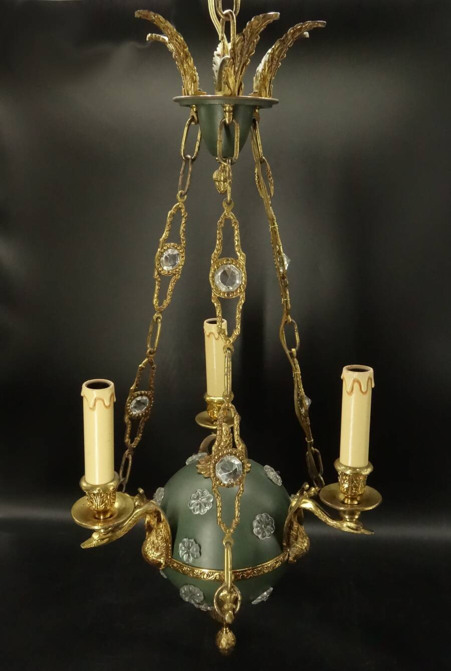 3-light chandelier with swan heads, Empire style - bronze & glass