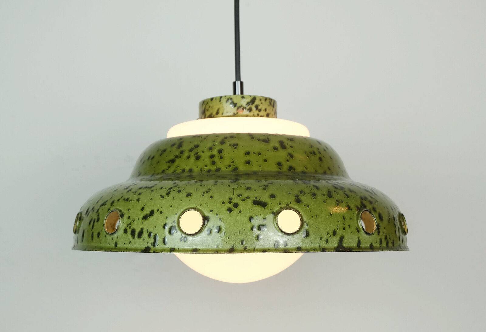 Mid century pendant light enamel metal white glass 1960s