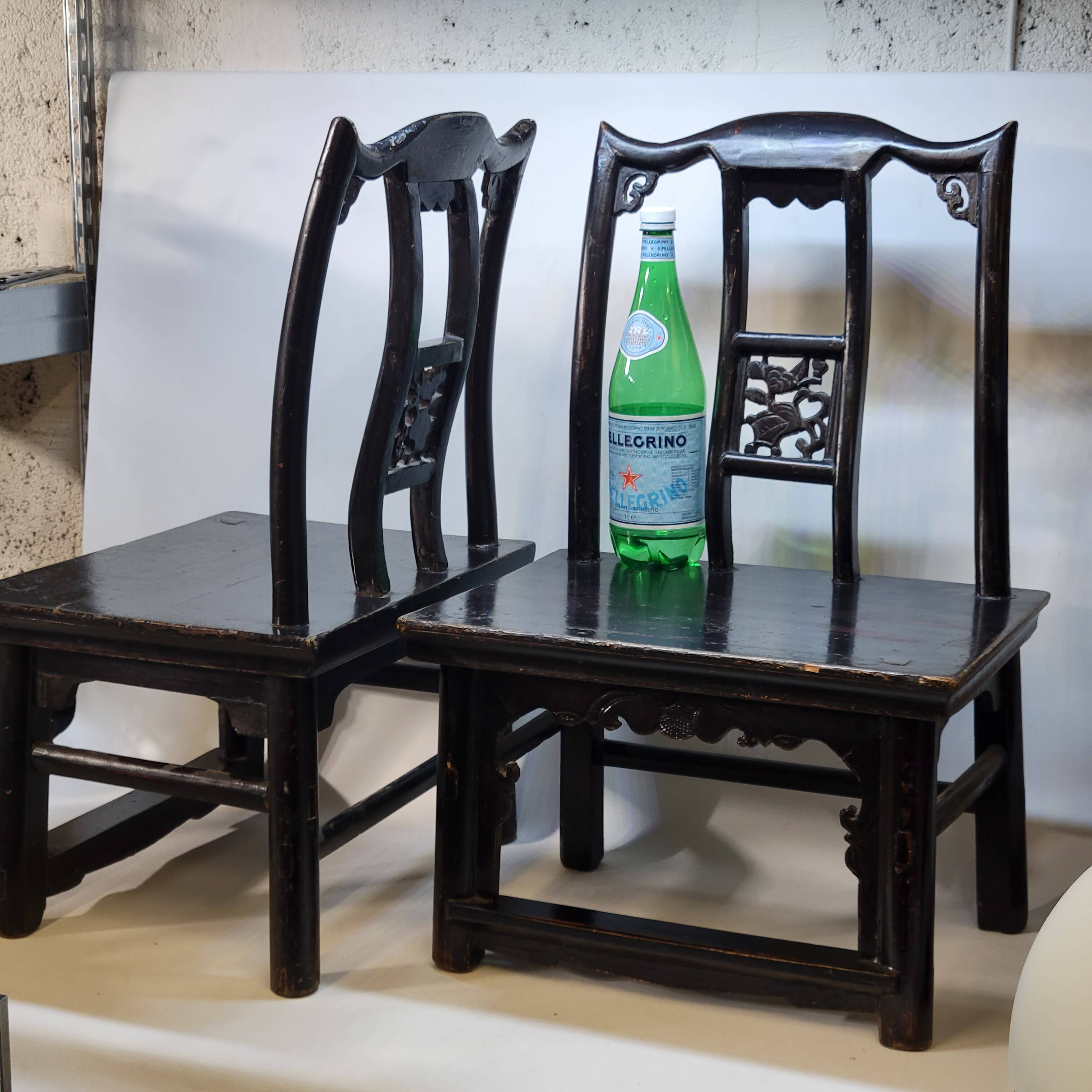 Pair of old chairs armchairs 19th century Chinese stools in black lacquered wood