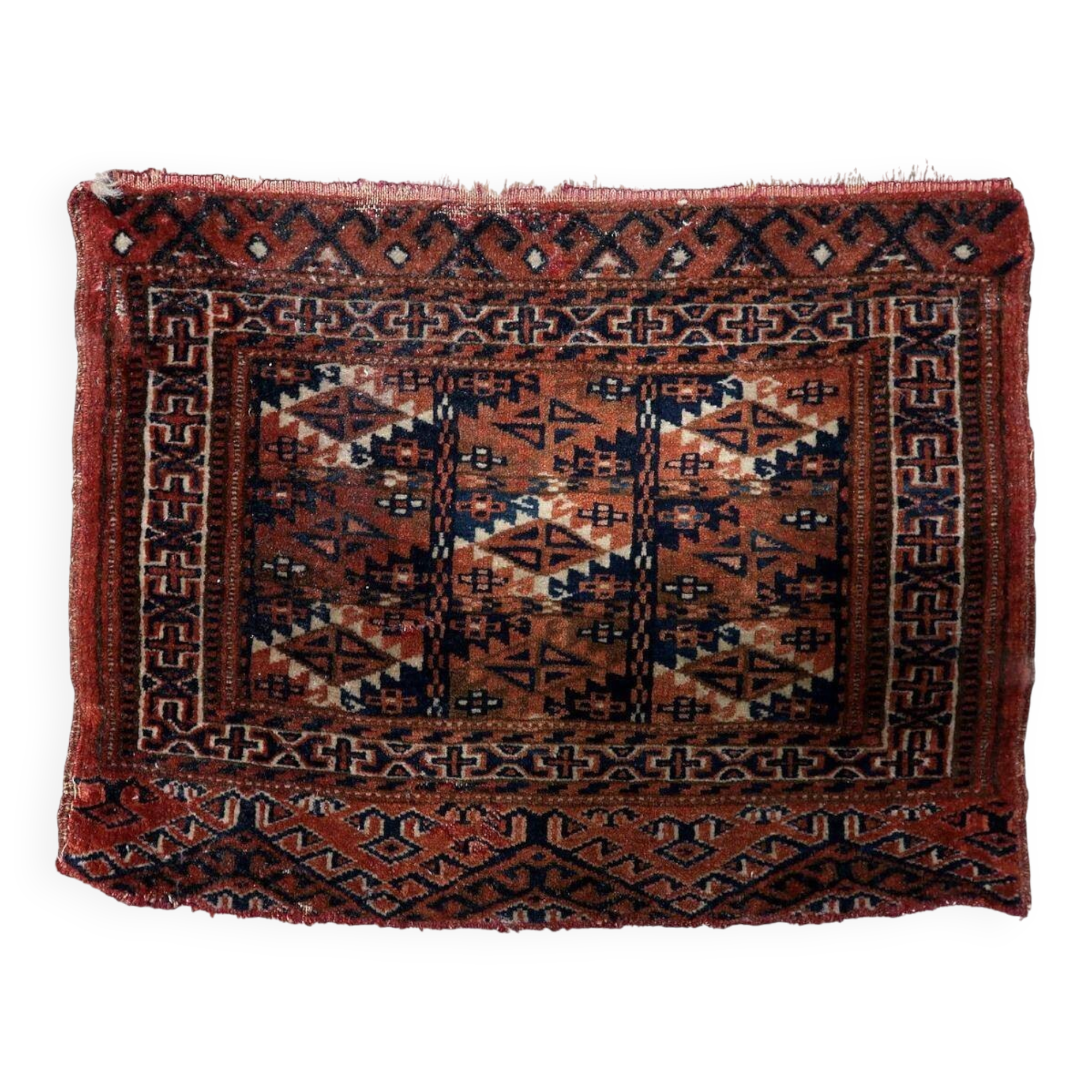 Handmade antique Turkmen Yomud collectible mat rug 40cm x 51cm, 1900s