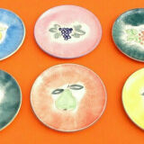 1970s Suite of 6 dessert plates Fruit decoration (lemon, grape, pear ...)