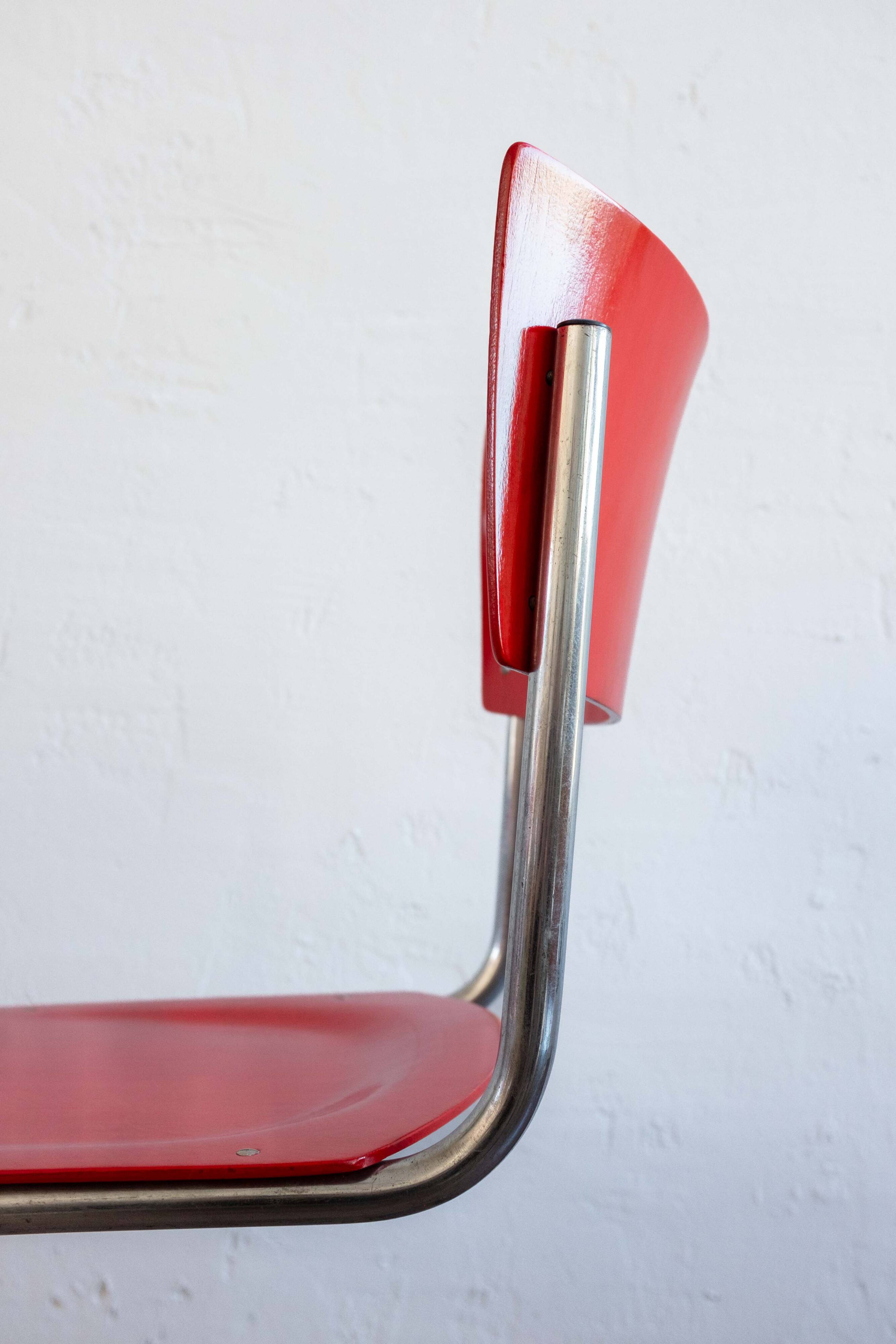 Functionalist Bauhaus Style Red Dining Chairs By Kovona, 1940s