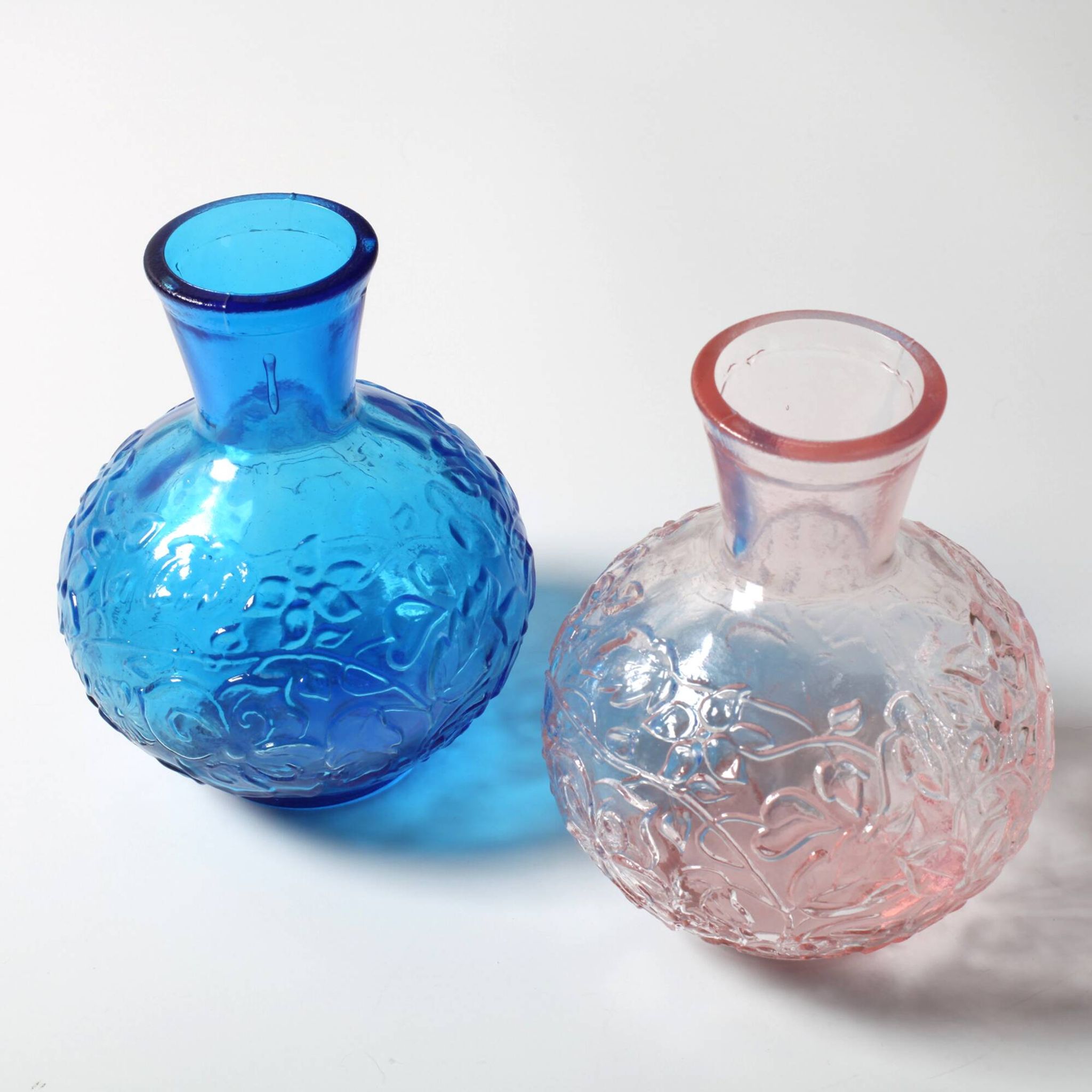 Set of 2 Vintage Small Blue and PinkGlass Vases with Flowers Pattern, Italy