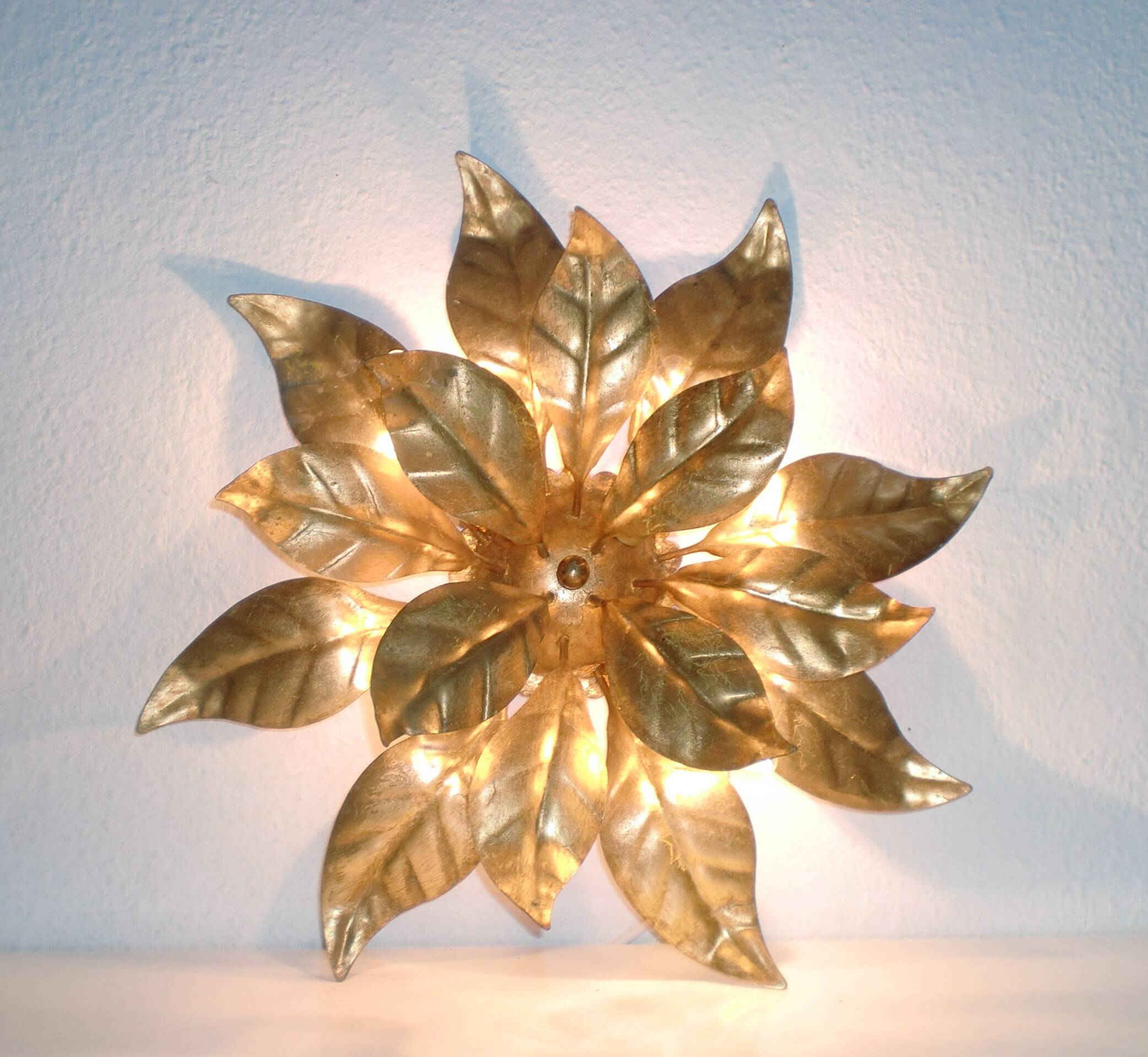 Pair of Florentine Wall Lamps / Ceiling Lights Golden Metal Leaves