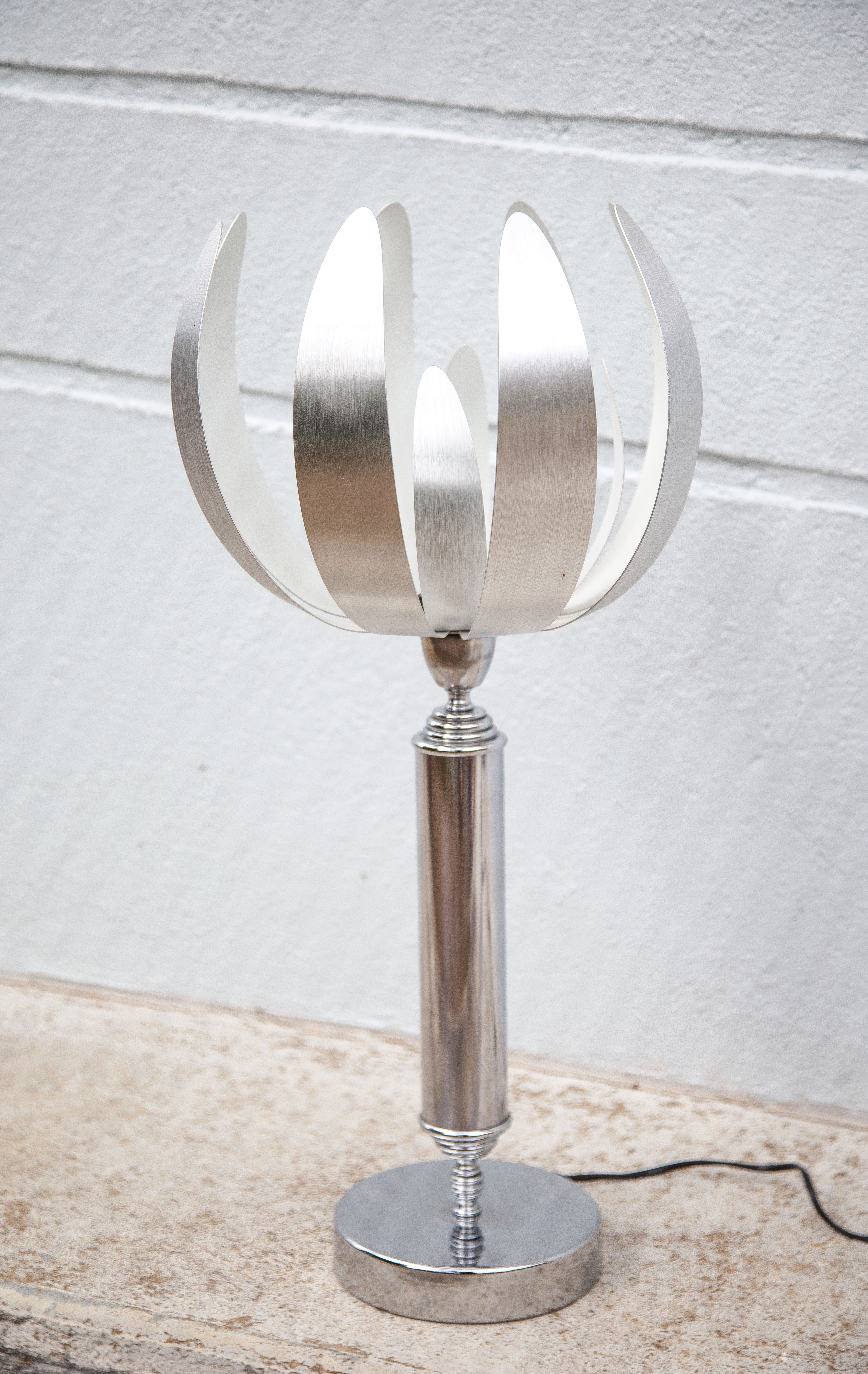 Vintage lamp, table lamp, chrome lamp with brushed steel blades, flower lamp, design lamp