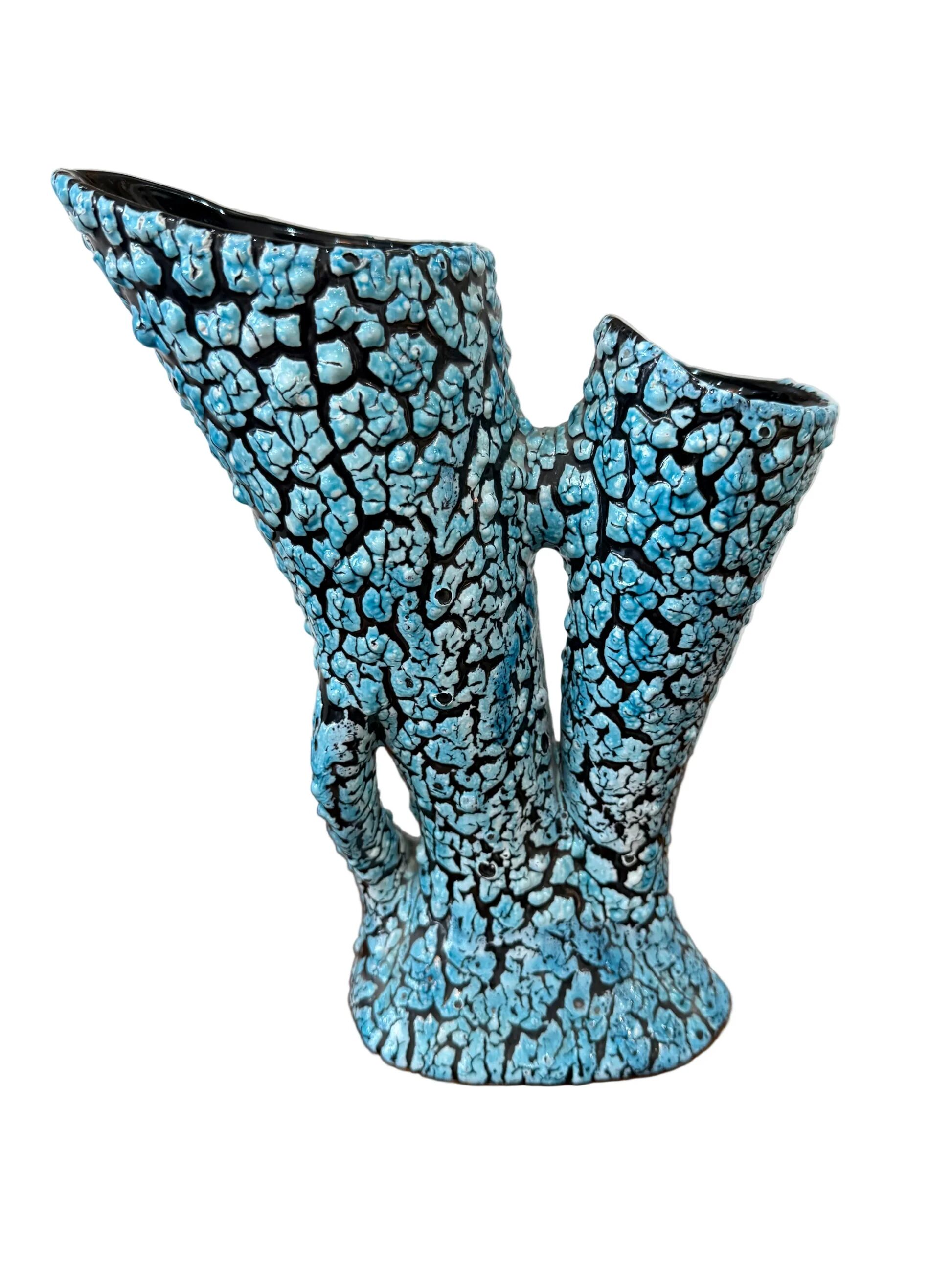 Large sculptural ceramic vase with textured turquoise blue and black glaze – Double horn – H. 31 cm