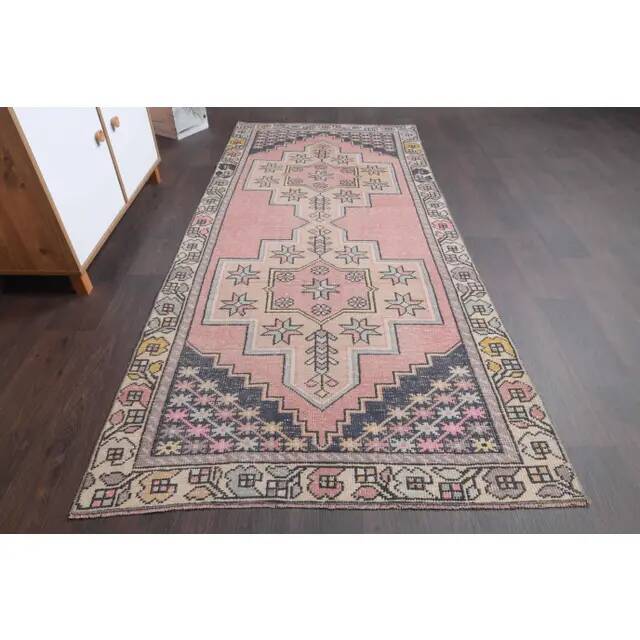 Vintage Turkish Oushak handmade wool cotton pink runner rug 117x254