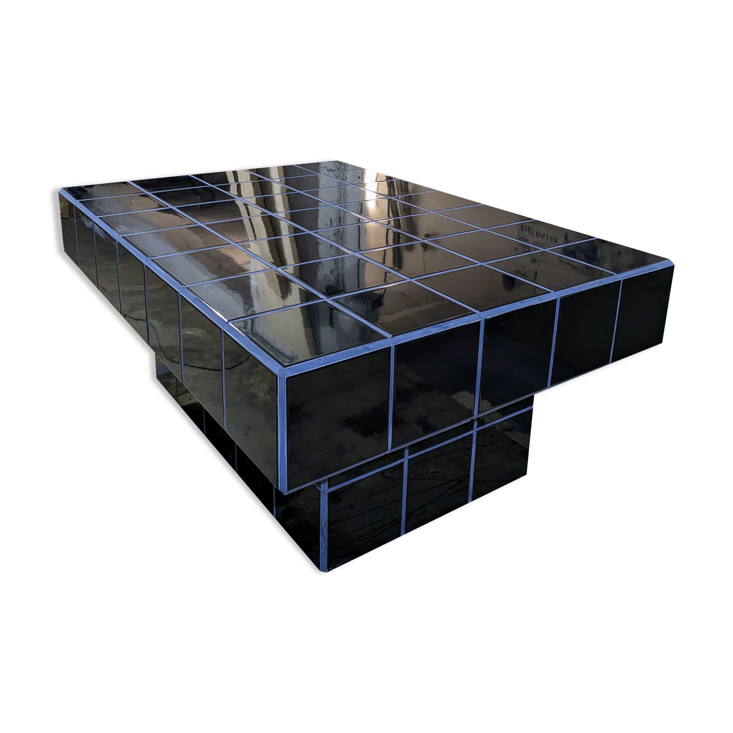 Black tiled coffee table and midnight blue grout