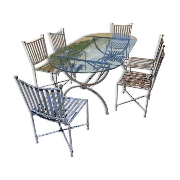 Grande Table de Jardin en Fer Forgé Artisanal & Verre Épais 12mm 6 Chaises