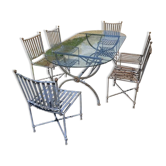 Large Garden Table in Handcrafted Wrought Iron & Thick 12mm Glass with 6 Chairs