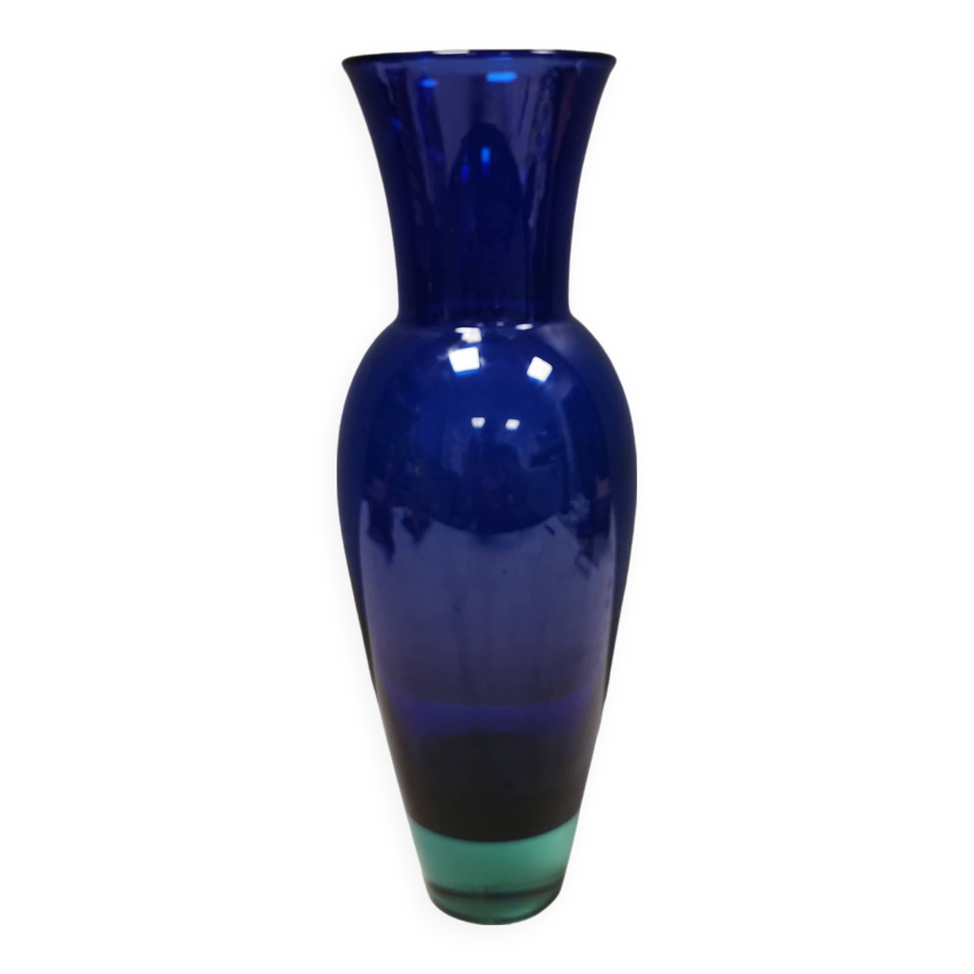 Holmegaard Harlequin Glass vase in blue with thick green base. Designed by Anja Kjær in 1994.