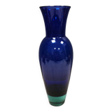 Holmegaard Harlequin Glass vase in blue with thick green base. Designed by Anja Kjær in 1994.