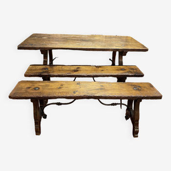 Spanish farm table and its two benches