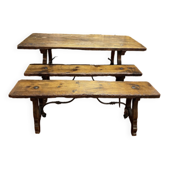 Spanish farm table and its two benches