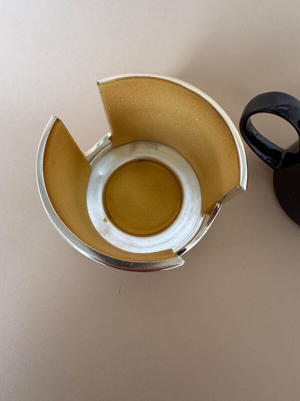 Ensemble vintage moderniste de 6 tasses à café/thé en verre avec théière en céramique.