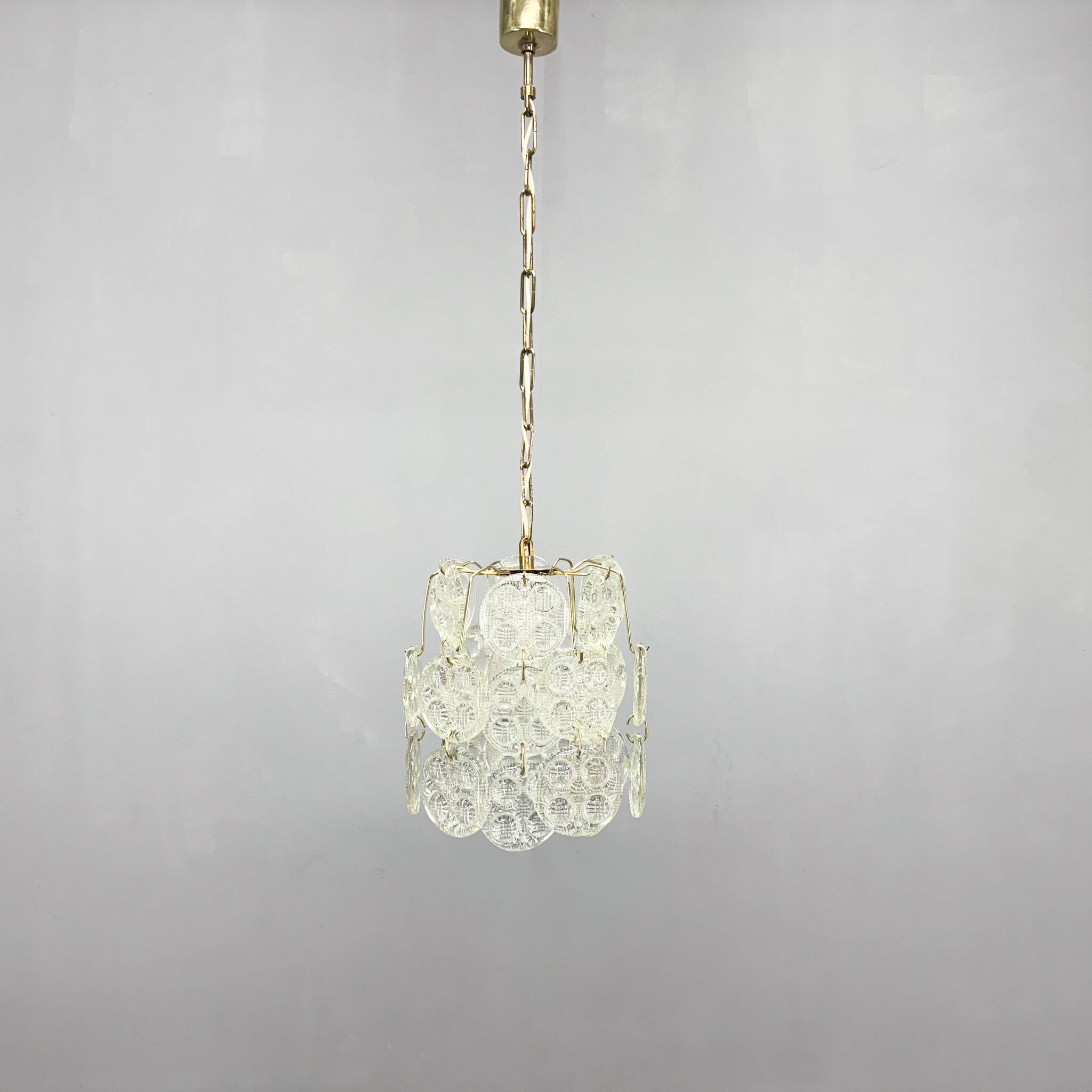 1970s Brass & Pressed Glass Chandelier, Czechoslovakia