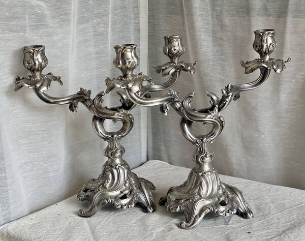 Paire de Chandeliers rocaille métal argenté vintage 1950