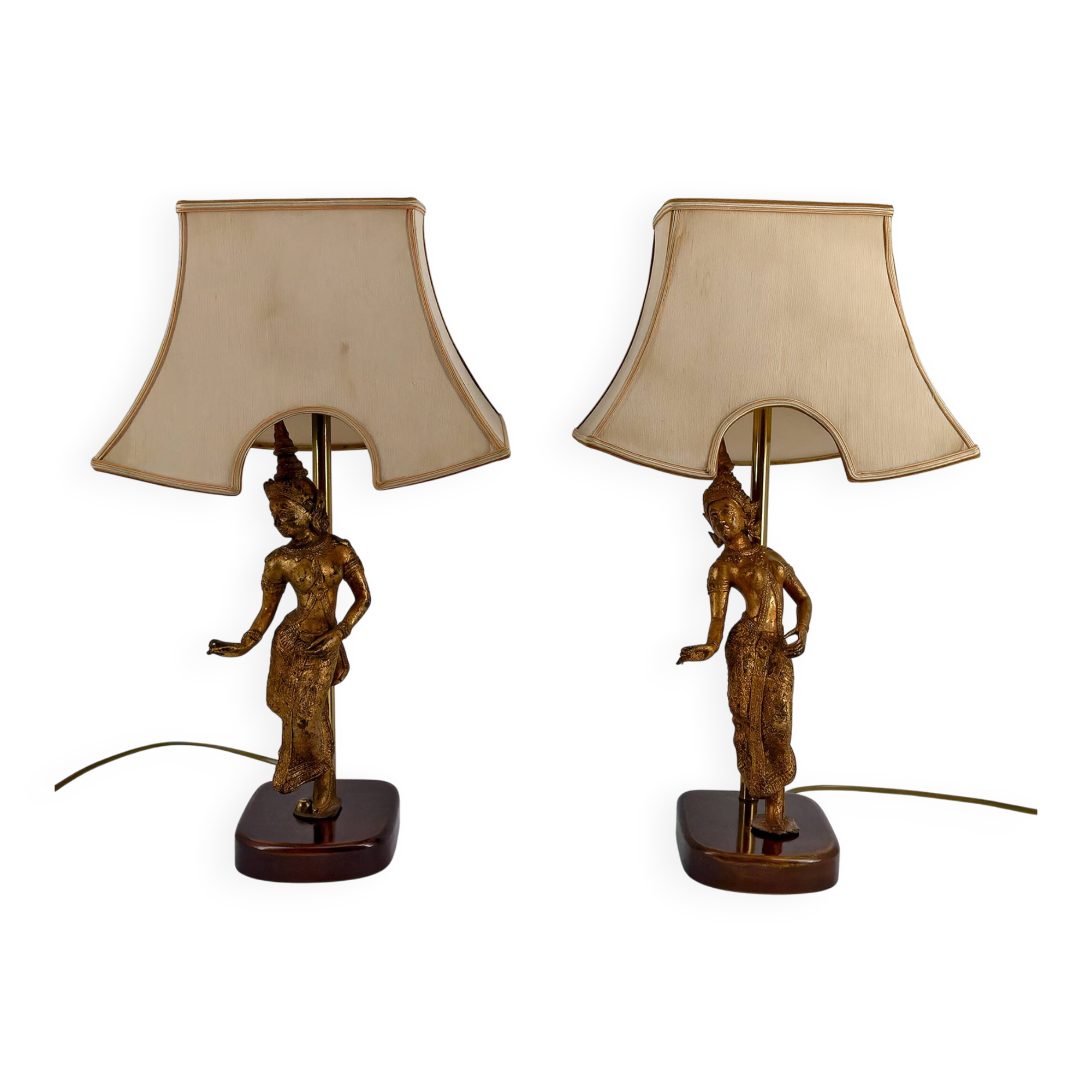 Pair of Sculptural Lamps in Gilt Bronze, Thai Dancers, 20th Century