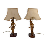 Paire de Lampes Sculpturales en Bronze Doré, Danseuses Thaïs, XXe