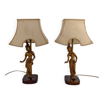 Paire de Lampes Sculpturales en Bronze Doré, Danseuses Thaïs, XXe