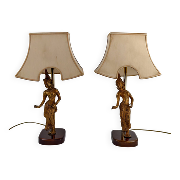 Paire de Lampes Sculpturales en Bronze Doré, Danseuses Thaïs, XXe