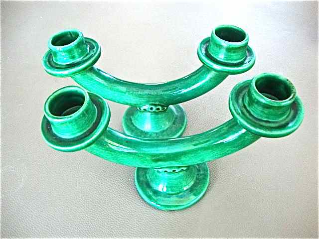 Pair of vintage green ceramic candlesticks