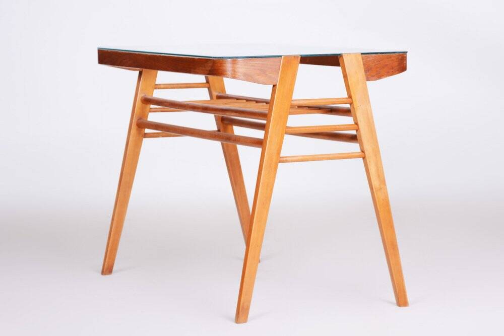 Mid-Century Console Table in Oak, Glass, Czech, 1950s