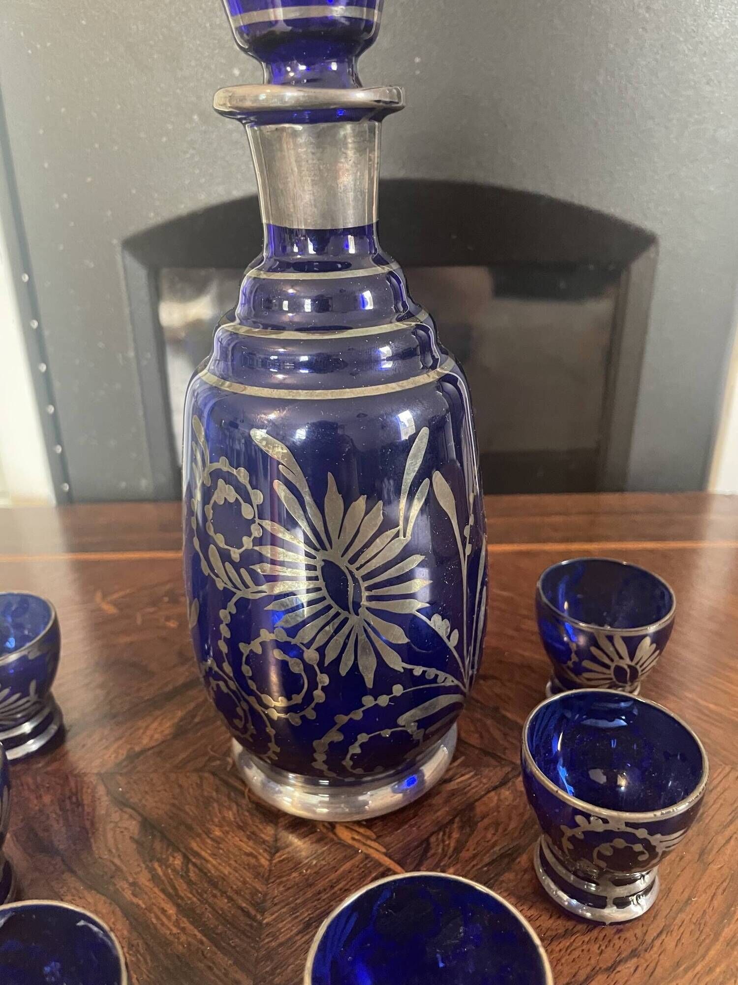 Antique Cobalt Blue Glass Liqueur Set with Applied Silver Decoration – 7
