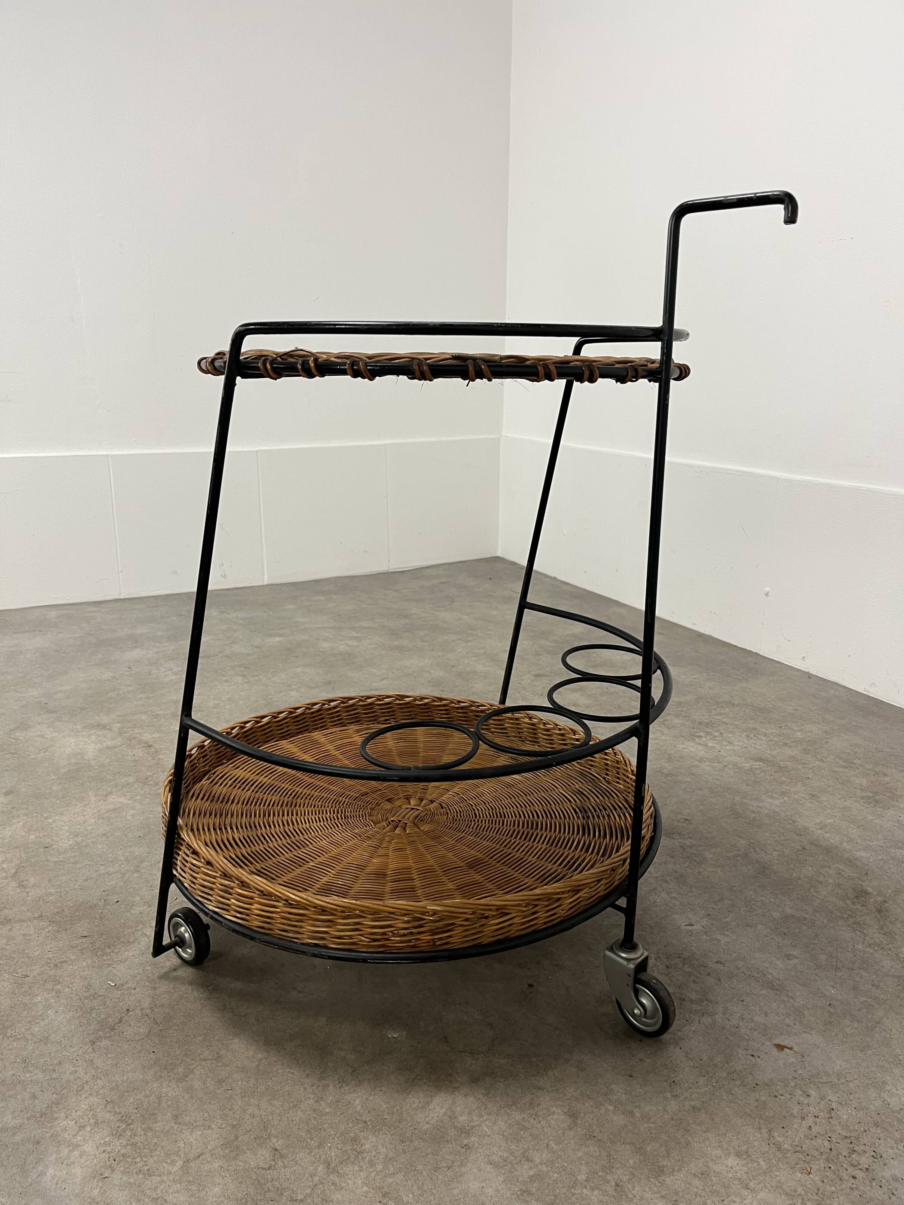 Raoul Guys style metal and rattan serving trolley from the 50s