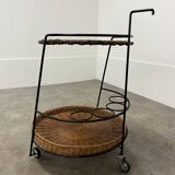 Raoul Guys style metal and rattan serving trolley from the 50s