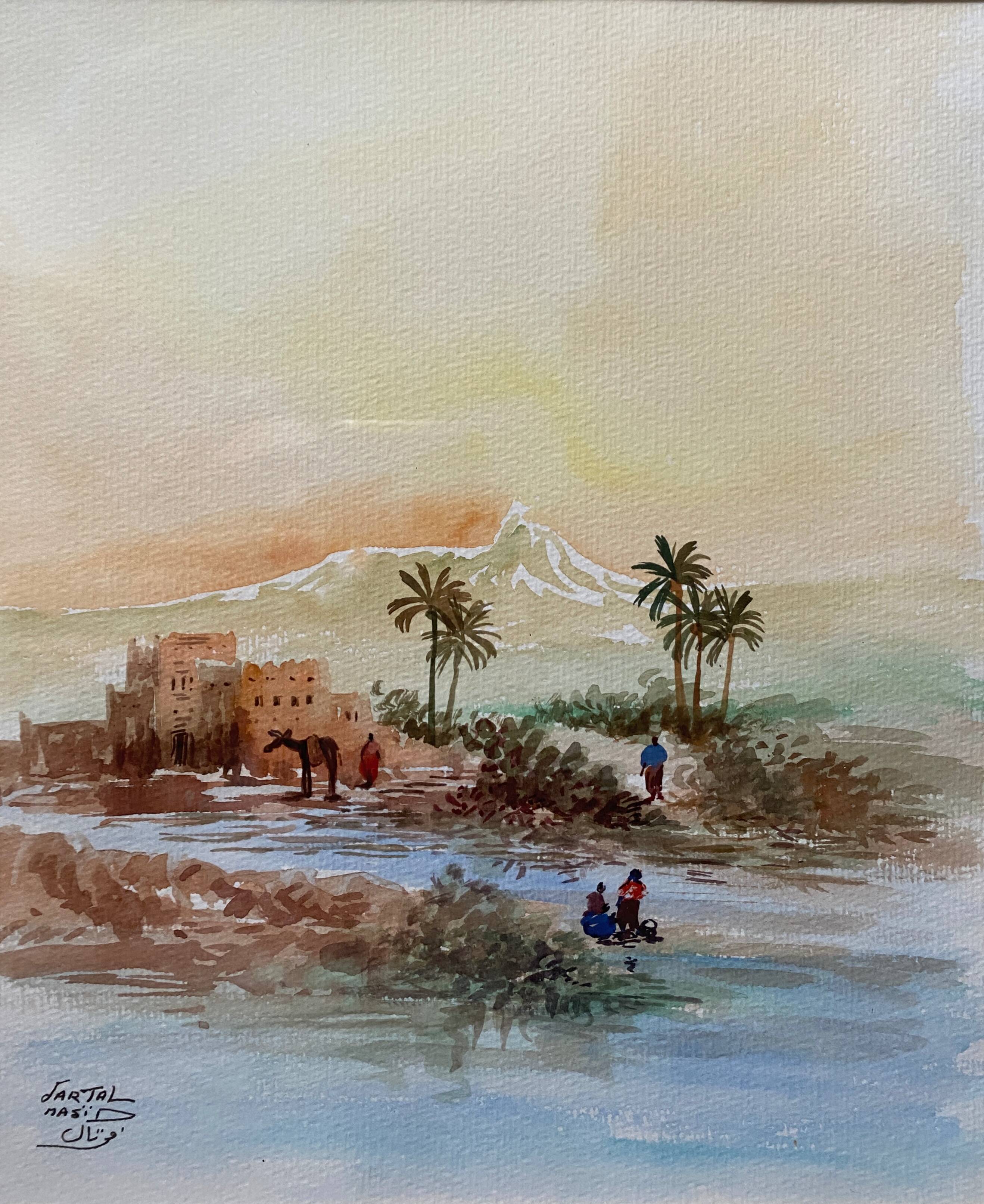 Watercolor painting "animated Orientalist landscape" signed (to decipher) + frame