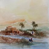 Watercolor painting "animated Orientalist landscape" signed (to decipher) + frame