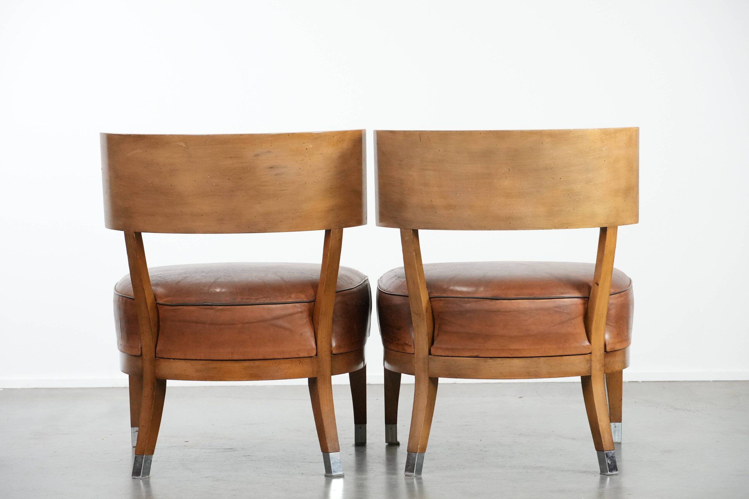 Set of 2 vintage design cocktail chairs/armchairs made of sheepskin leather