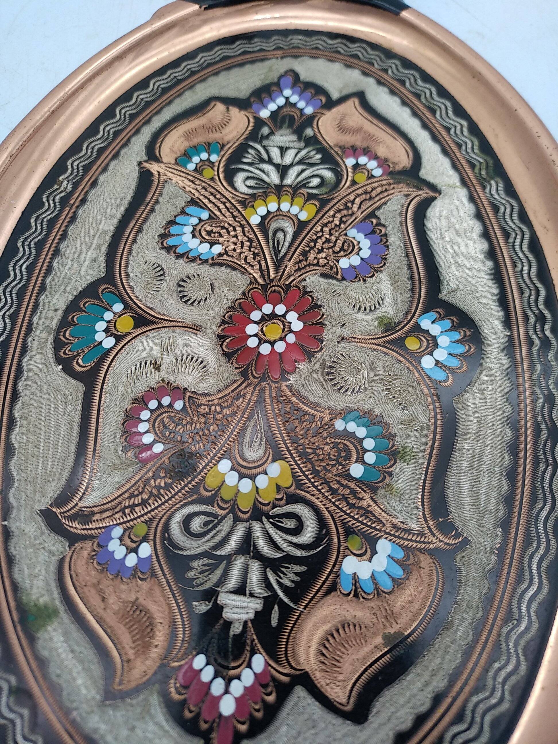 Turkish tea or coffee serving tray in chiseled copper.