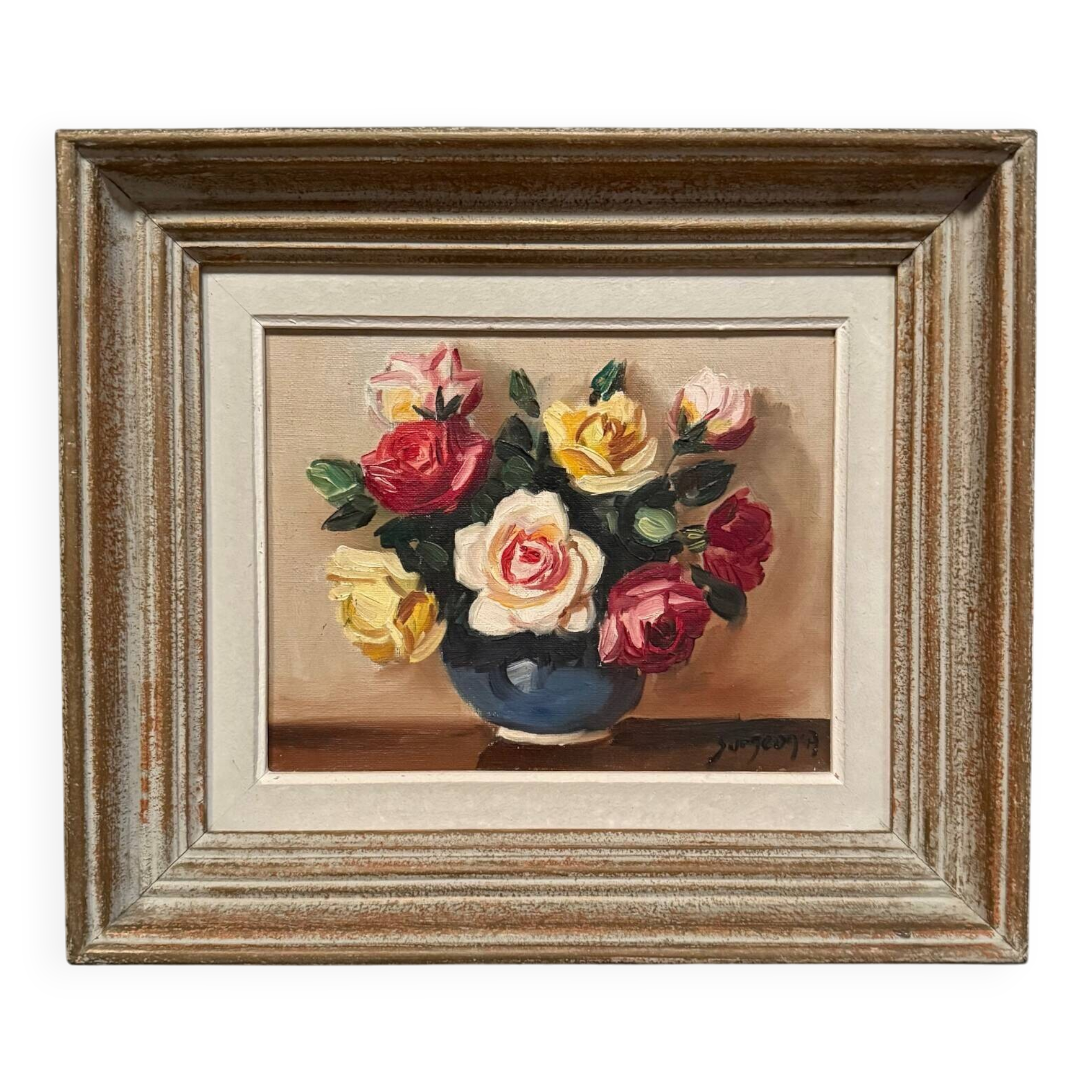 Oil on canvas still life with roses 20th century by Surgeon, whitewashed frame