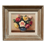 Oil on canvas still life with roses 20th century by Surgeon, whitewashed frame