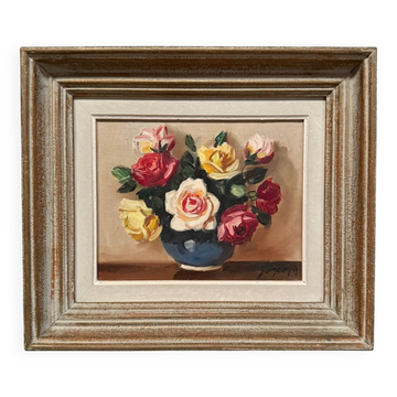 Huile sur toile nature morte aux roses XXe par Surgeon cadre cérusé
