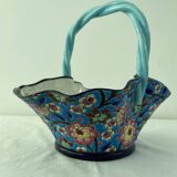 Large earthenware basket, Longwy enamels, turquoise blue cloisonné, twisted handle, stamp