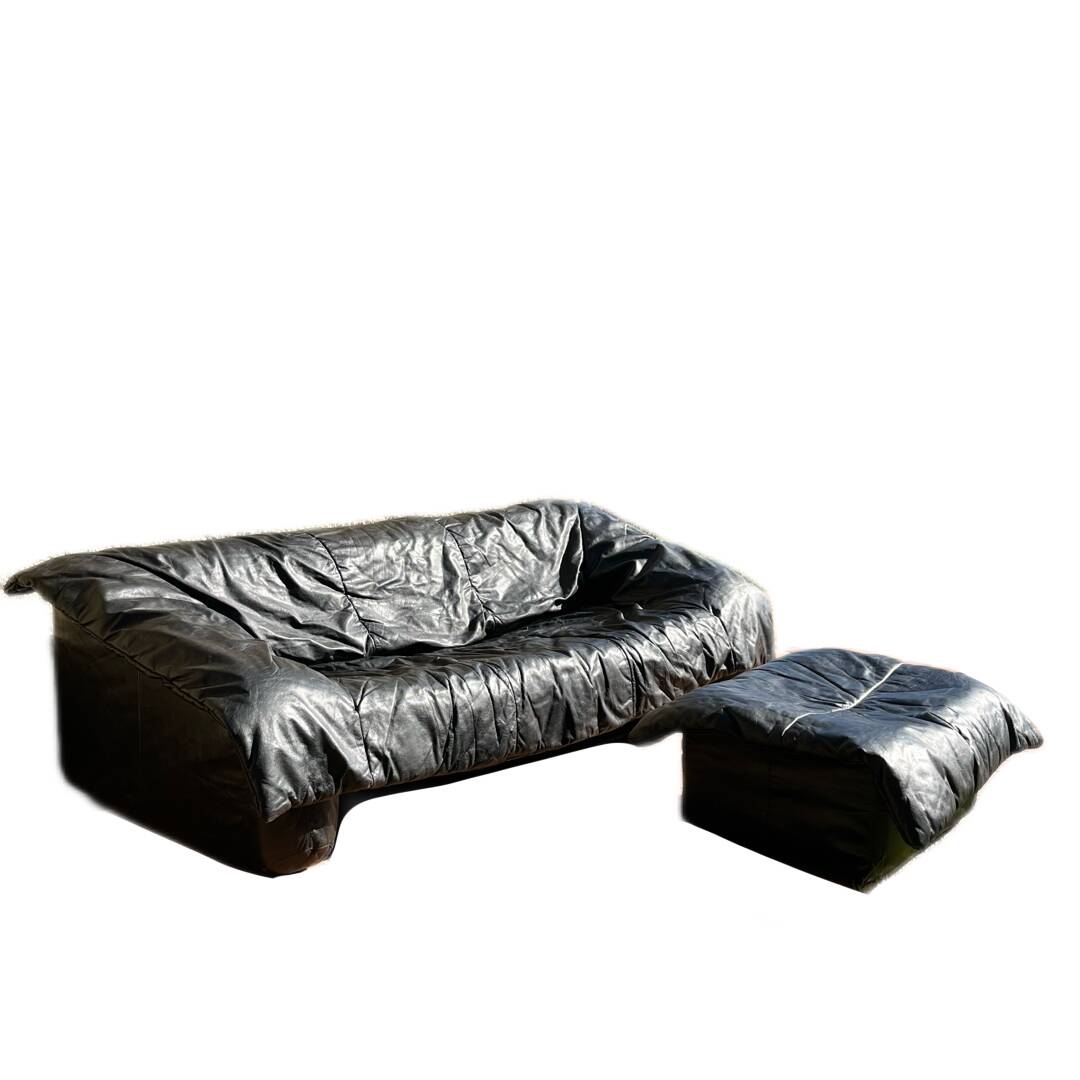 Flou Flou sofa in full grain black leather, Ligne Roset, De Pas, D'urbino, Lomazzi (1988)