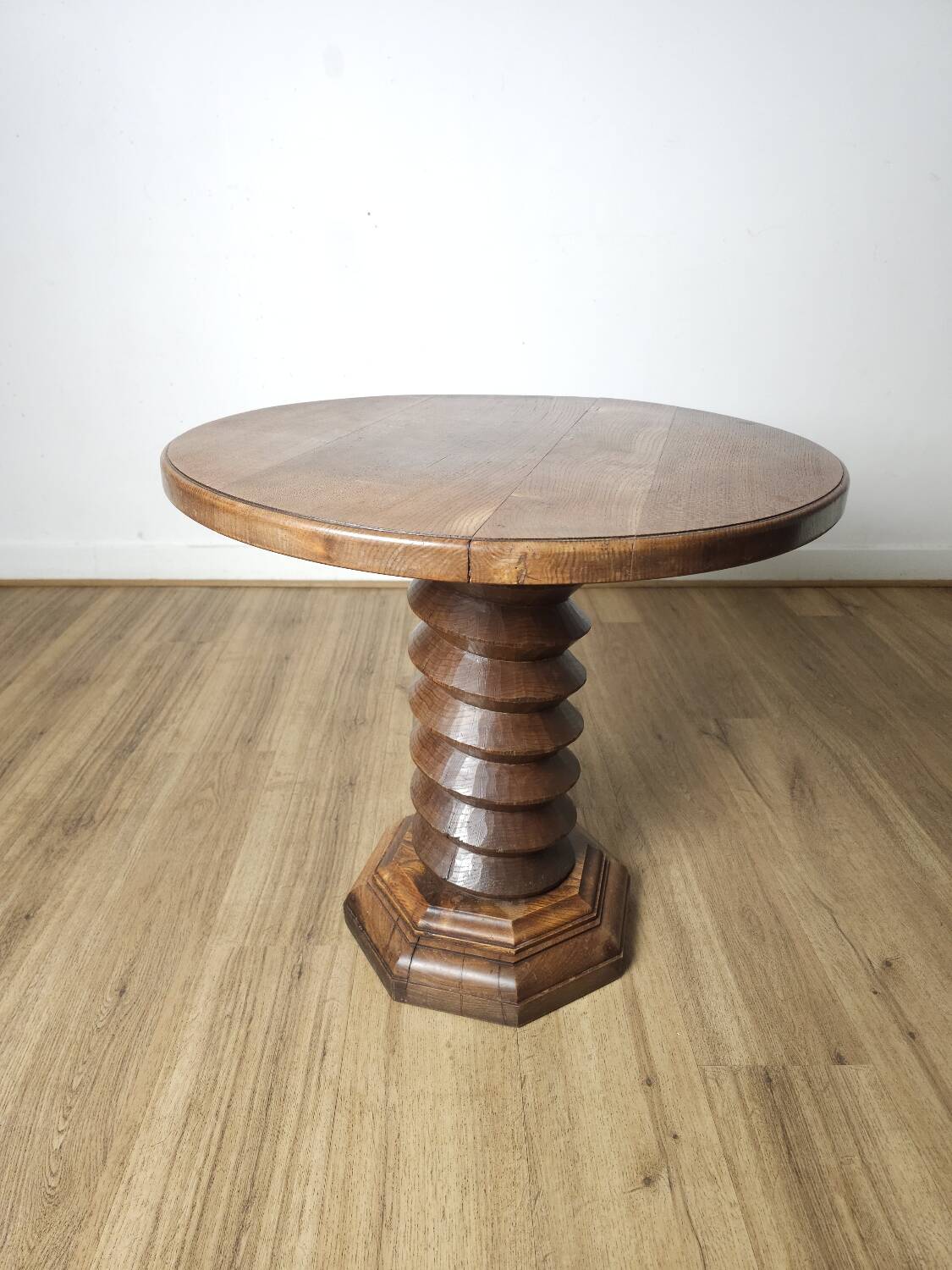 Brutalist side table in solid oak, circa 1950.