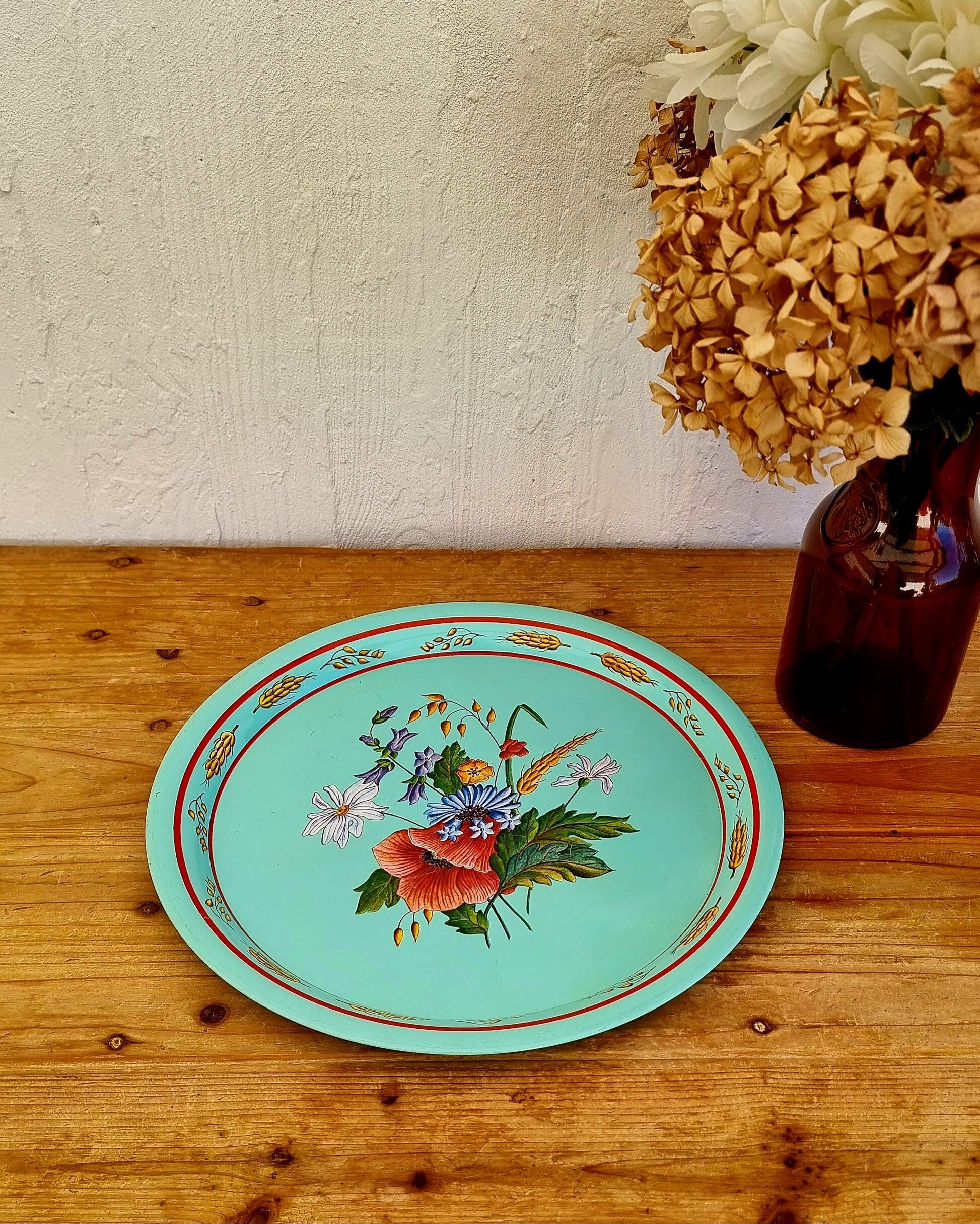 Plateau vintage turquoise décor floral champêtre