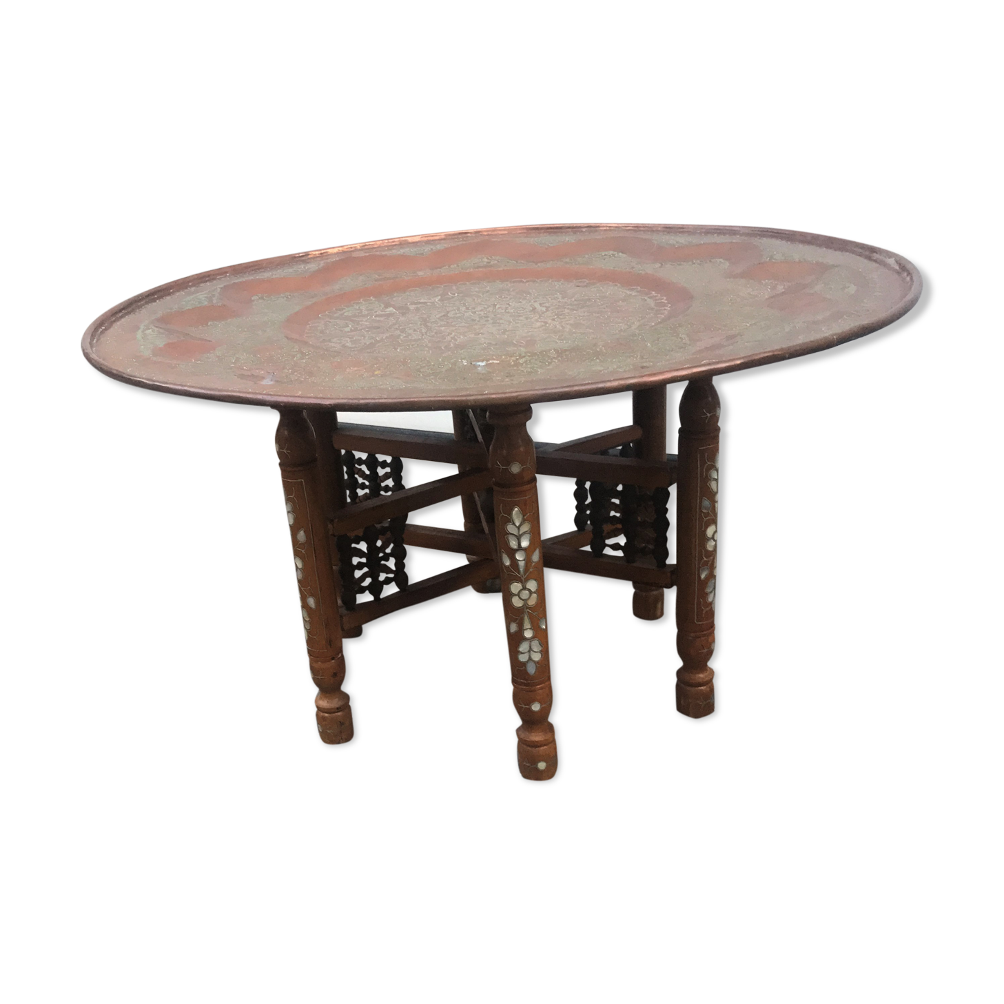 Moroccan copper table on wooden base