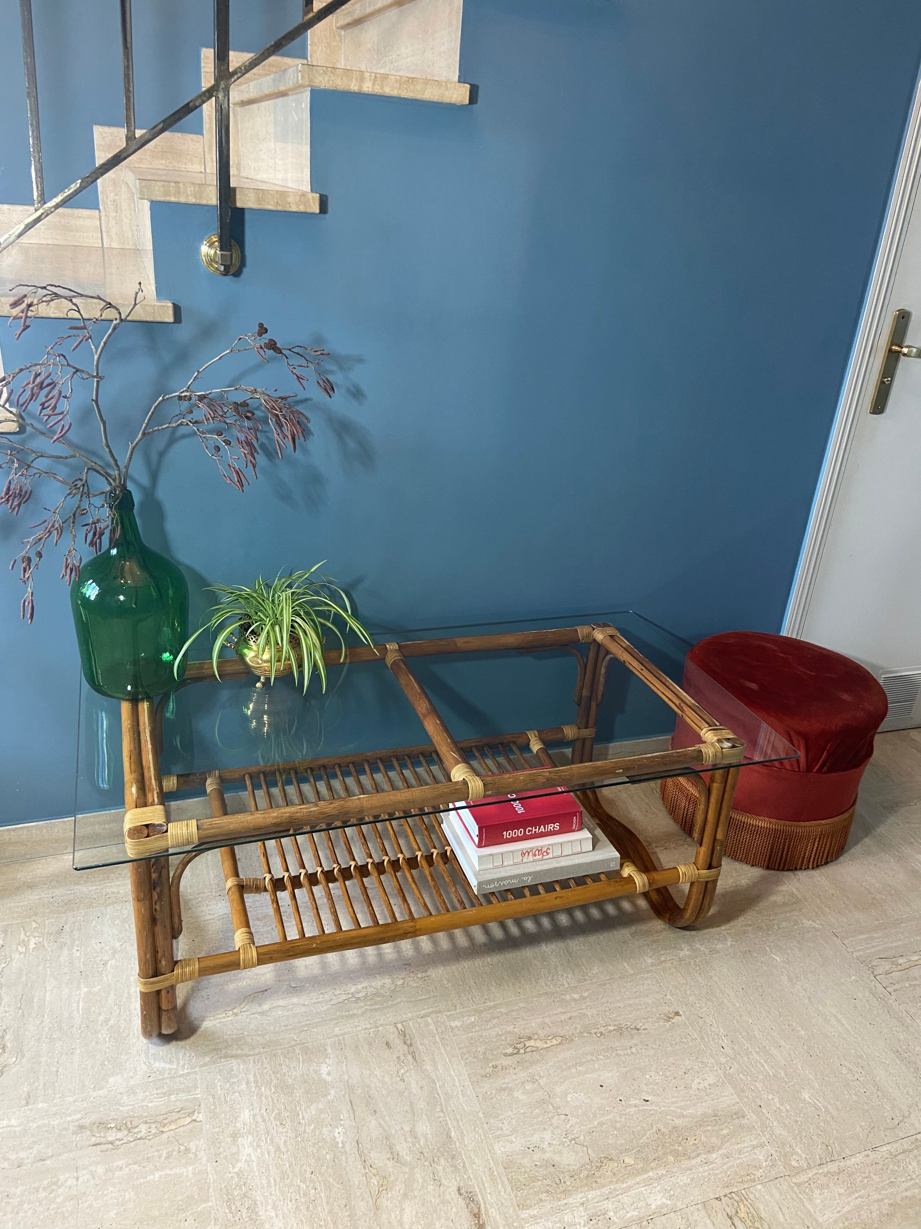 Vintage rattan and glass coffee table