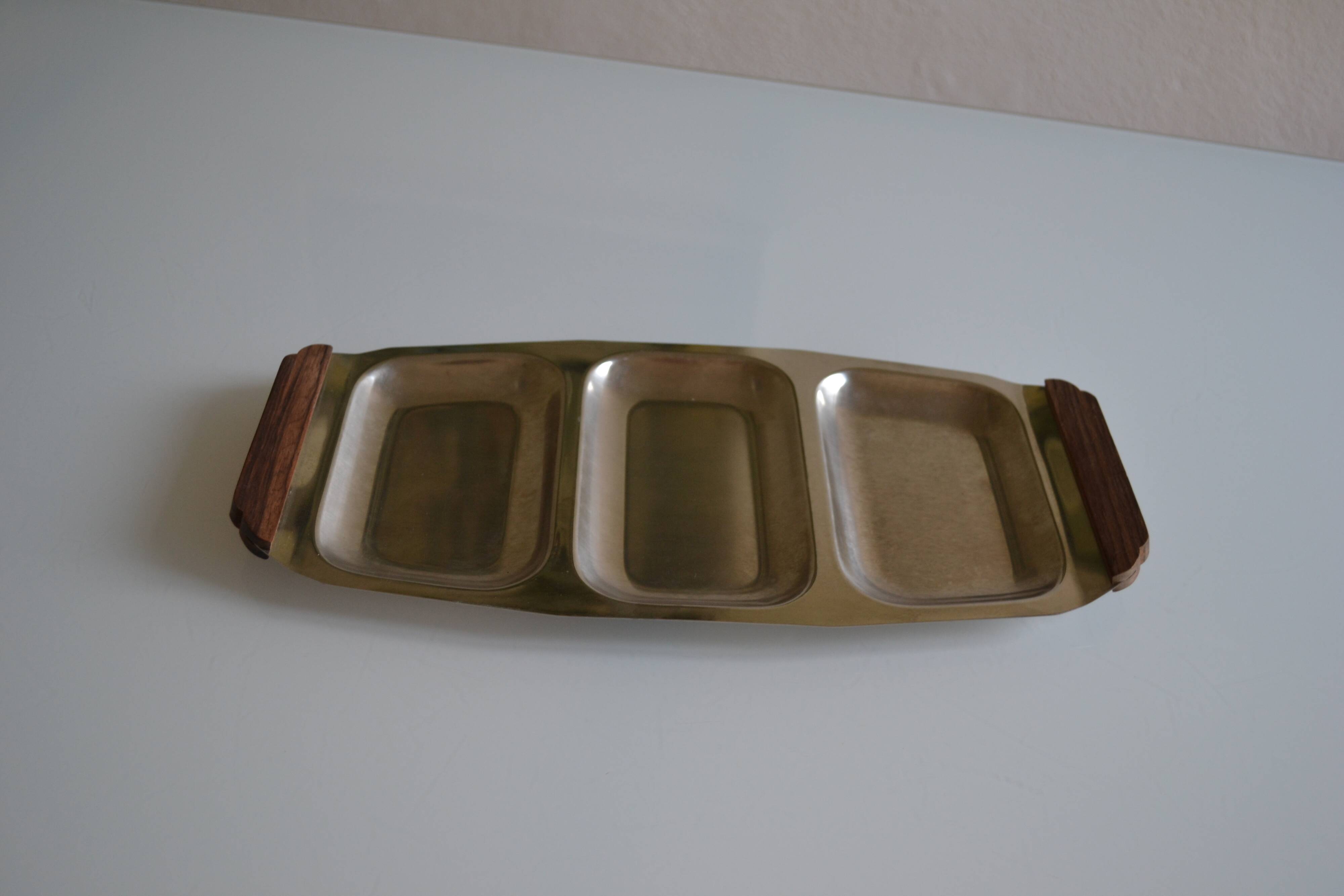 Plat de service vintage inox poignées teck made in Japan
